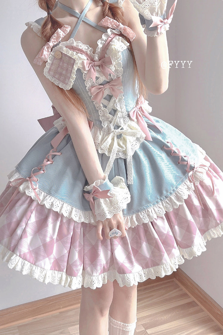 Blue/Pink [Sweetheart Cowboy] Plaid Print Ruffle Bowknot Sweet Lolita Skirt Set - Product - 6