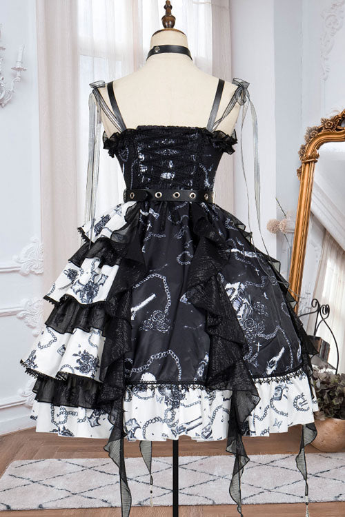 Black/White Vampire Diaries Cross Print Contrast Stitching Multi-Layer Ruffled Gothic Lolita Jsk Dress - Product - 6
