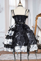 Black/White Vampire Diaries Cross Print Contrast Stitching Multi-Layer Ruffled Gothic Lolita Jsk Dress - Product - 6