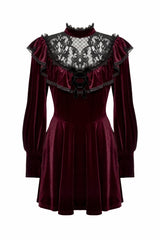 Red Long Sleeves Crochet Velvet Dress Women's Gothic Graduation Dress - Product - 3