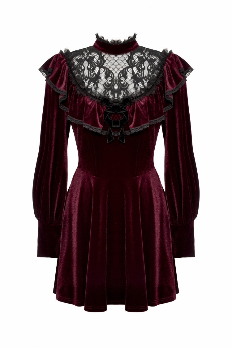 Red Long Sleeves Crochet Velvet Dress Women's Gothic Graduation Dress - Product - 3