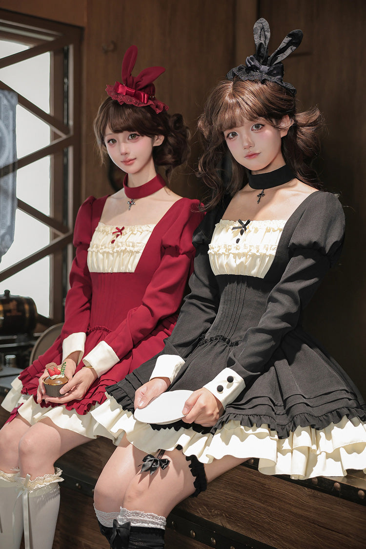 [Liya] Square Collar Long Lantern Sleeves Multi-Layered Ruffled Classic Elegant Lolita Dress 2 Colors (Black, Red) - Product - 6