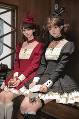 [Liya] Square Collar Long Lantern Sleeves Multi-Layered Ruffled Classic Elegant Lolita Dress 2 Colors (Black, Red) - Product - 6