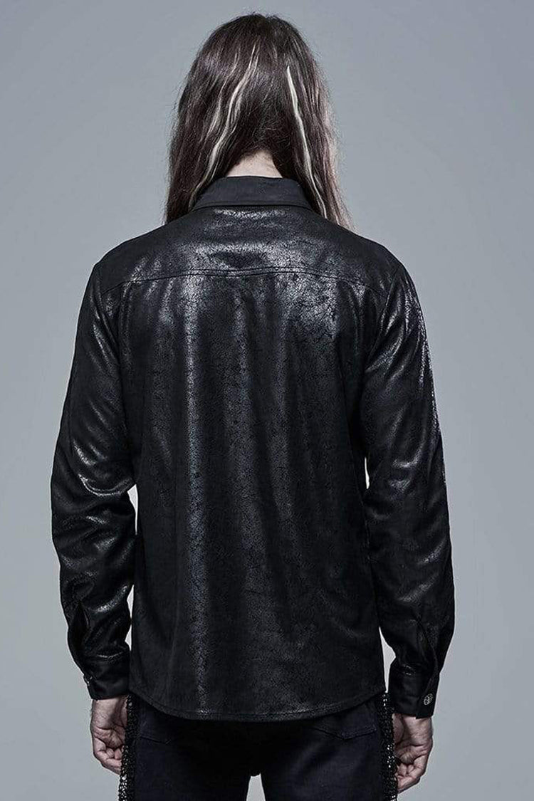 Black Punk Ribbon Decoration Front Metal Skull Button Spliced Men's Shirt - Product - 3