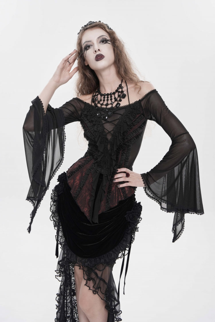 Black/Red Off Shoulder Long Trumpet Sleeves Ruffled Embroidered Lace-Up Women's Gothic Blouse - Product - 3