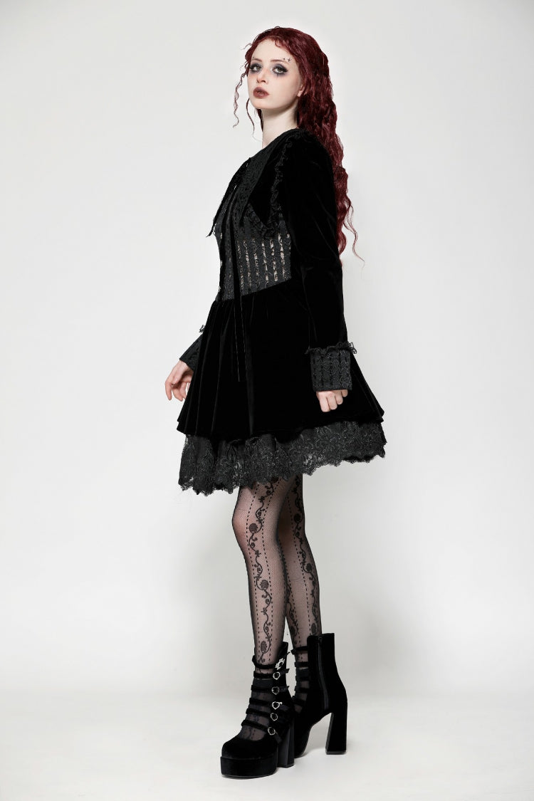Black Long Sleeves Lace Women's Gothic Velvet Short Dress - Product - 9