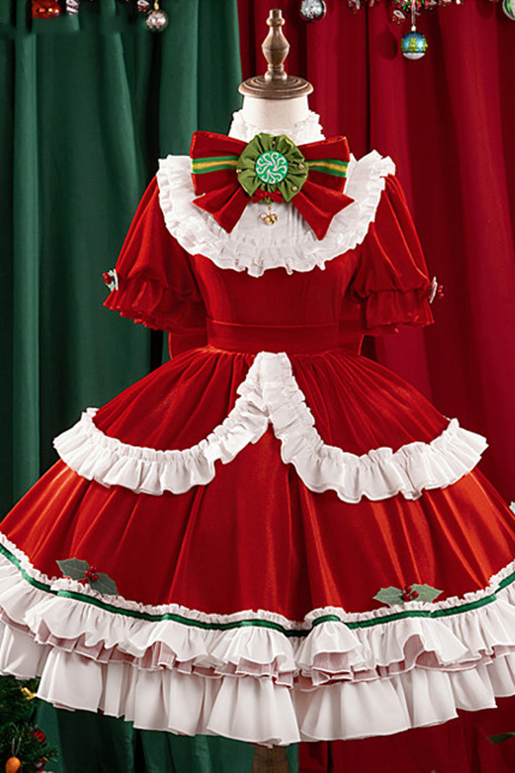 Red [Emma Woods Gardener] Stand Collar Short Sleeves Multi-Layered Ruffled Bow Christmas Sweet Lolita Dress - Product - 3