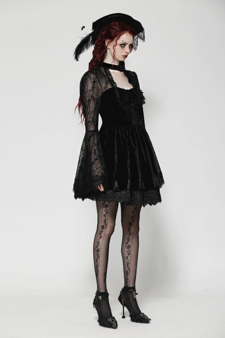 Black Lace Long Trumpet Puff Sleeves Floral Jacquard Cut-Out Lace-Up Women's Gothic Short Dress - Product - 10