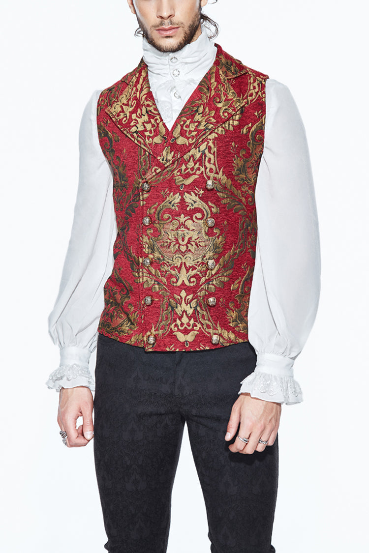 Red/Gold Palace Short Big Jacquard Pattern Men's Gothic Waistcoat - Red/Gold - 1