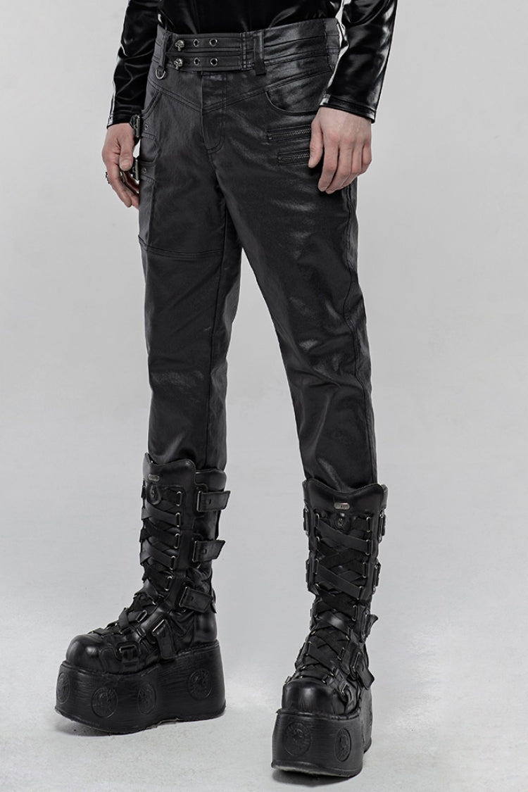 Black Faux Leather Metal Buckle Side Zipper Men's Steampunk Pants - Product - 2