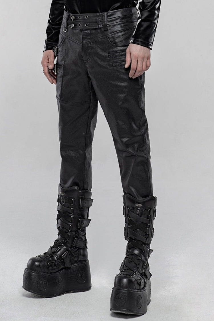Black Faux Leather Metal Buckle Side Zipper Men's Steampunk Pants - Product - 2