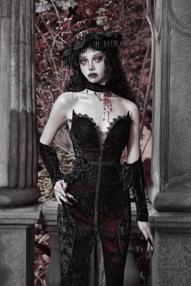Black/Red [Scarlet Blood Peak] Sleeveless High Waisted Ruffle Embroidery Lace Gothic Lolita Fishtail Dress - Product - 2