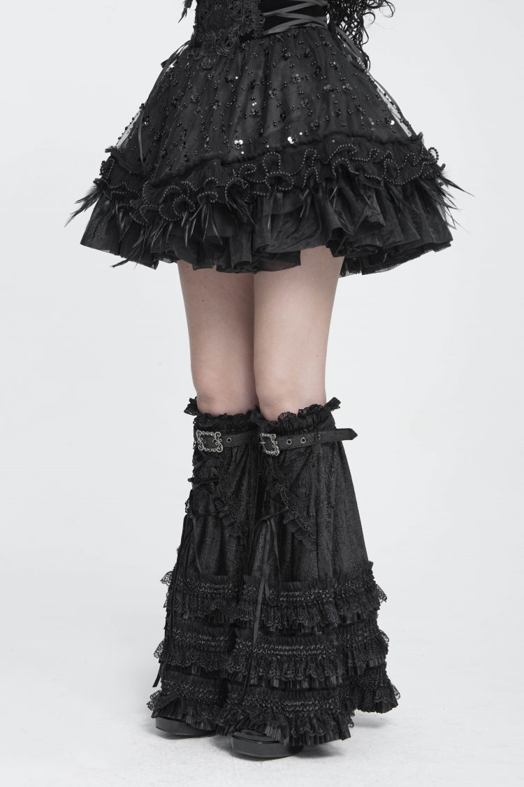 Black Multi-Layered Lace Lace-Up Buckled Pleated Women's Gothic Luxurious Royal  Leg Warmers - Product - 4