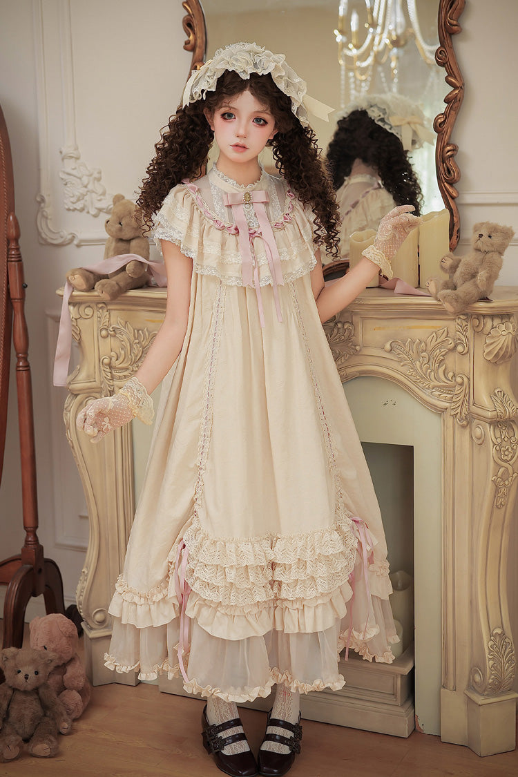 Apricot [Lily's Dream] Stand Collar Short Sleeves Loose-Fit Doll-Like Multi-Layered Ruffled Bow Lace Sweet Lolita Dress 2 Versions - Product - 18
