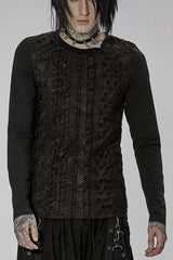 Black Punk Knitted Print Splicing Concave And Convex Webbing Decoration Long Sleeve Men's T-Shirt - Black - 1