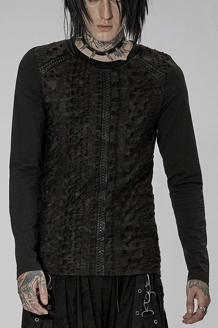 Black Punk Knitted Print Splicing Concave And Convex Webbing Decoration Long Sleeve Men's T-Shirt - Black - 1