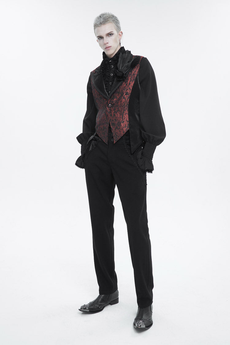 Black/Red Vintage Dark Pattern Men's Gothic Vest With Brooch - Product - 5