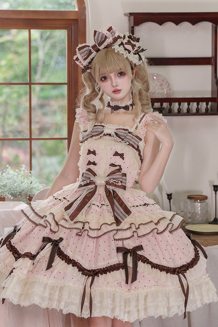 Pink [Shengqiao Tata] Sleeveless Print Ruffle Bowknot Lace-Up Sweet Elegant Lolita Jsk Dress - Product - 20