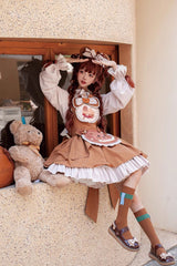 Brown Cookie Bear Multi-layer Print Ruffle Bowknot Sweet Lolita Dress - Product - 3