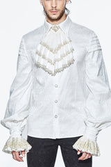 Beige Embroidered Ruffled Sleeves Jacquard Mens Gothic Blouse - Beige - 1