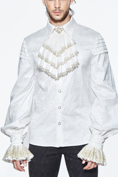 Beige Embroidered Ruffled Sleeves Jacquard Mens Gothic Blouse - Beige - 1