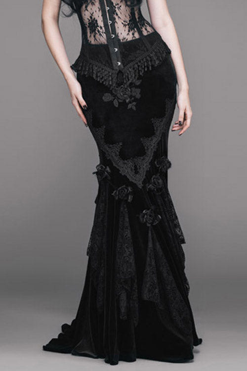 Black Rose Embossed Gothic Velvet Long Womens Half Fishtail Skirt - Black - 1