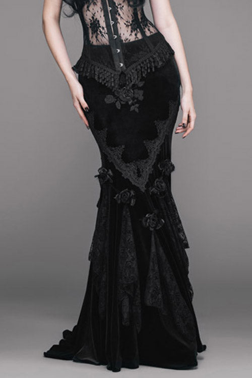 Black Rose Embossed Gothic Velvet Long Womens Half Fishtail Skirt - Black - 1