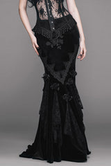 Black Rose Embossed Gothic Velvet Long Womens Half Fishtail Skirt - Black - 1