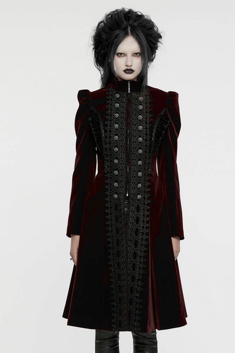 Black/Red Long Puff Sleeves Floral Embroidery Women's Gothic Coat - Black/Red - 1