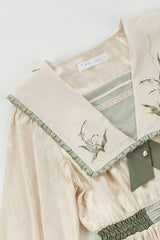 Beige Embroidered Large Lapel Collar Long Sleeves High Waisted Long Sweet Lolita OP Dress - Product - 5