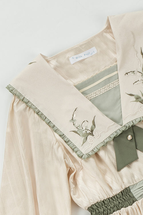 Beige Embroidered Large Lapel Collar Long Sleeves High Waisted Long Sweet Lolita OP Dress - Product - 5