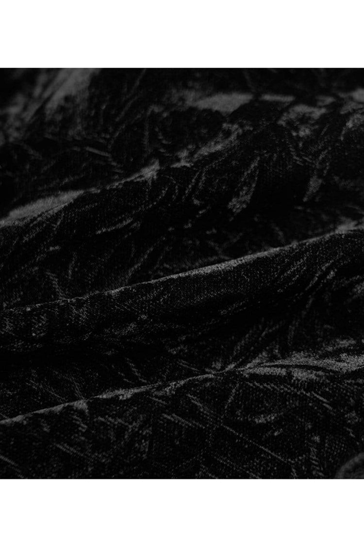 Black Gothic Velvet High Collar Front Chest Flounce Lace Cuff Back Waist Lace Up Print Women's Blouse - Product - 7