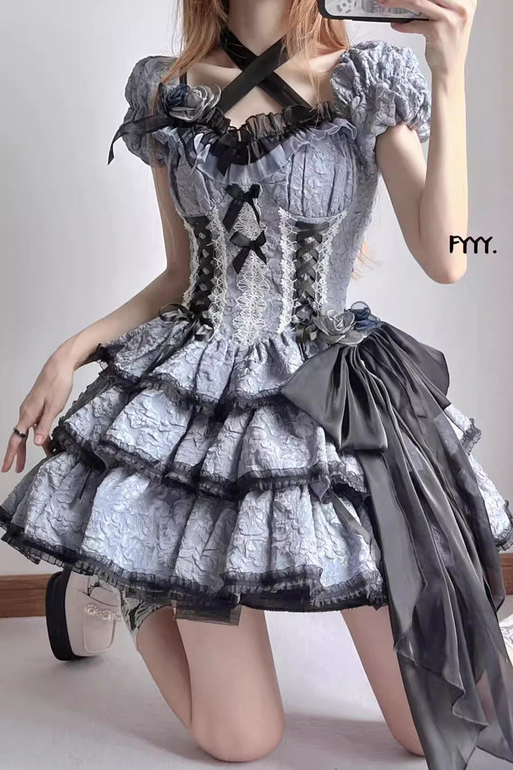 Black/Blue Medea Kiss Short Sleeves Gothic Lolita Op Tiered Dress - Product - 3