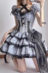 Black/Blue Medea Kiss Short Sleeves Gothic Lolita Op Tiered Dress - Product - 3