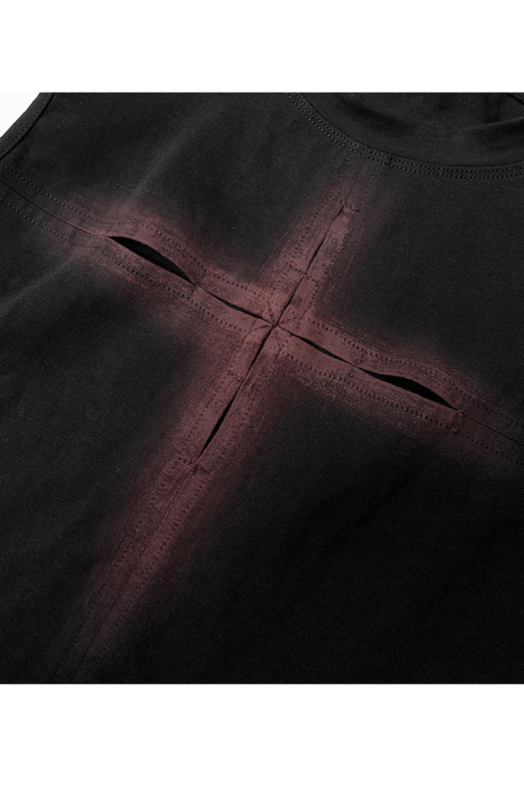 Black Hollowed Out Cross Spray-Painted Asymmetric Hem Sleeveless Women's Gothic Dress - Product - 8