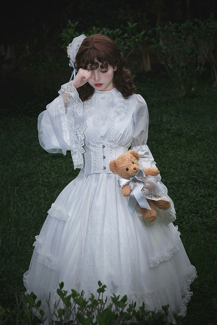 White [Requiem] Stand Collar Long Sleeves Ruffle Lace Gothic Lolita Dress - Product - 6