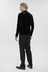 Black Round Collar Long Sleeves Stripes Splice Velvet Men's Gothic Shirt - Product - 6