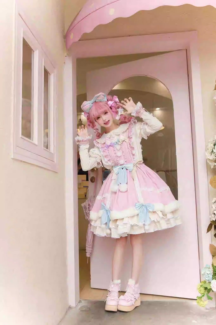 White/Pink Little Fox Multi-layer Ruffle Bowknot Long Sleeves Sweet Lolita Dress - Product - 7