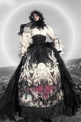 Black [Reborn Ancient God] Long Hime Sleeves Print Lace Gothic Lolita Skirt Dress Set - Product - 3