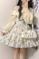 Blue Oblique Shoulder Print Ruffle Bowknot Lace Sweet Lolita Jsk Dress Set - Product - 8