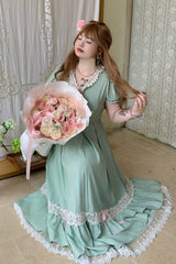 Green V Collar Short Sleeves Ruffled Lace Sweet Plus Size Lolita Dress - Product - 7