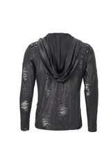 Black Broken Holes Knit Shoulder Lace-Up Irregular Hem Hooded Men's Punk T-Shirt - Product - 9