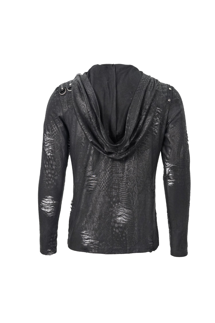 Black Broken Holes Knit Shoulder Lace-Up Irregular Hem Hooded Men's Punk T-Shirt - Product - 9