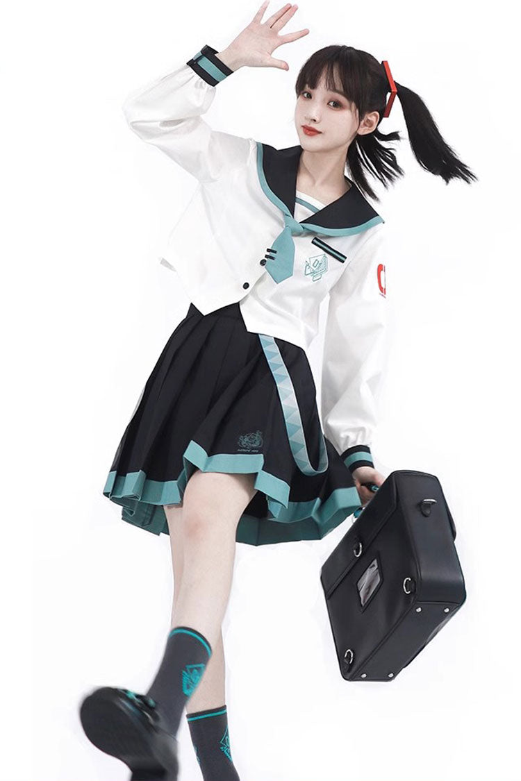 Black/White Long Sleeves College Style Sailor Japanese School Pleated Skirt - Product - 5