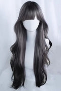 Perruque longue et ample ondulée avec frange de rideau ombré noir/violet Sweet Lolita vue de face
