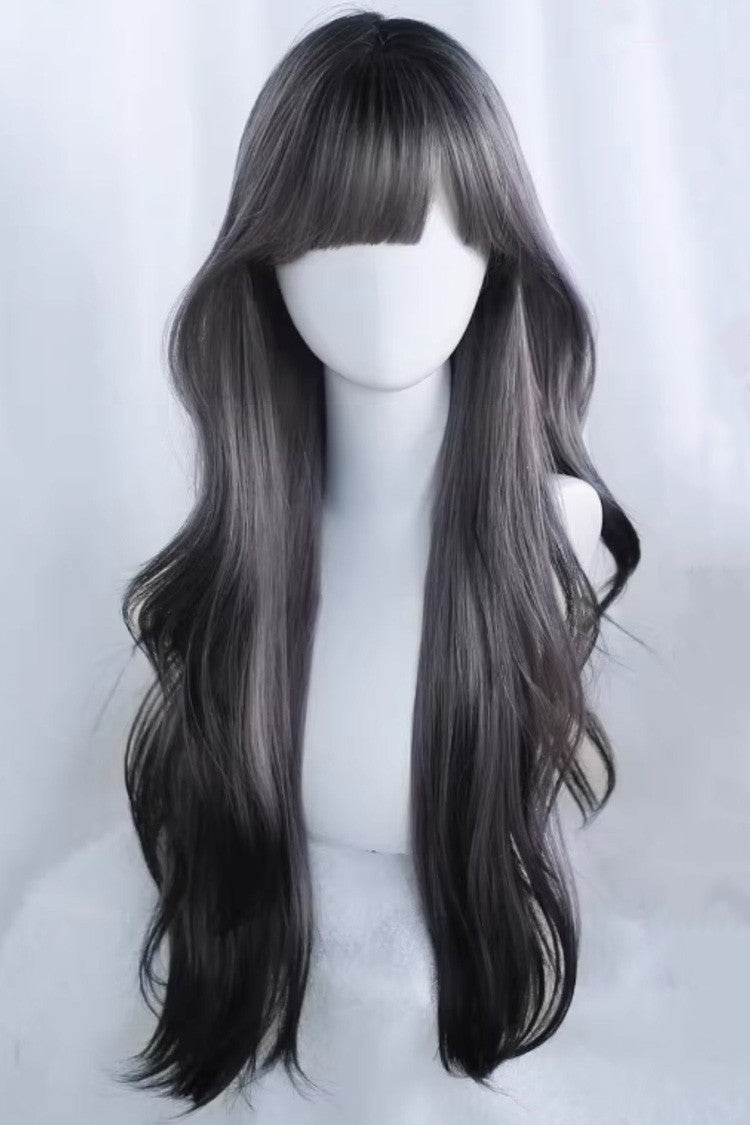 Black/Purple Ombre Curtain Bangs Long Loose Wavy Sweet Lolita Wig - Black/Purple - 1