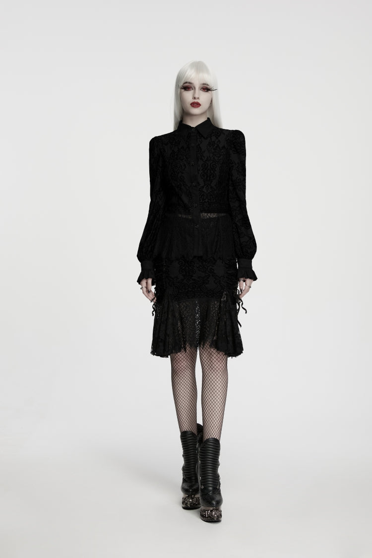Black Lapel Collar Long Sleeves Embroidered Lace Lace-Up Women's Gothic Elegant Blouse - Product - 4