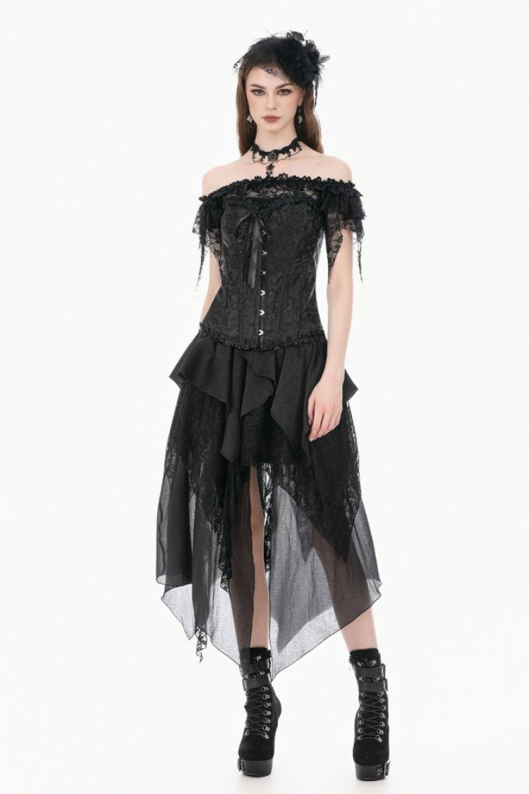 Black Jacquard Ruffled Lace Lace-Up Women's Gothic Overbust Corset - Product - 6