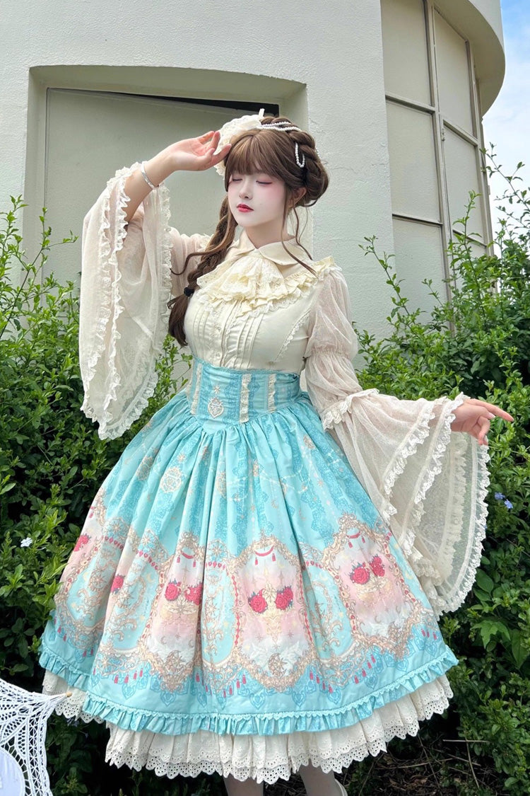 Blue [Moonlit Garden Secret] Print Ruffle Embroidery Lace Sweet Elegant Palace Lolita Skirt - Product - 8