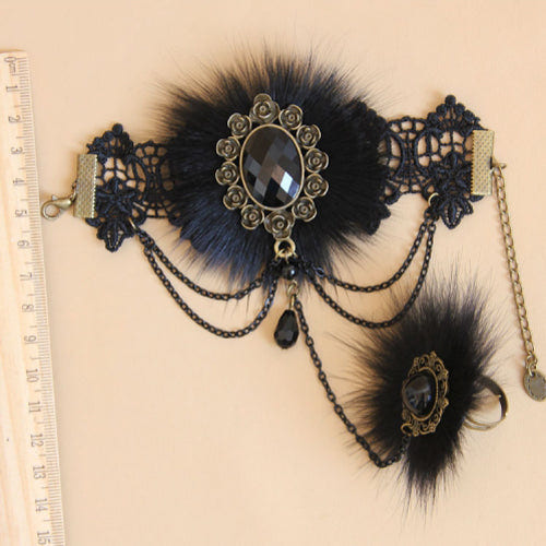 Black Retro Fashion Lace Fox Hair Female Gothic Lolita Ring Bracelet - Product - 6
